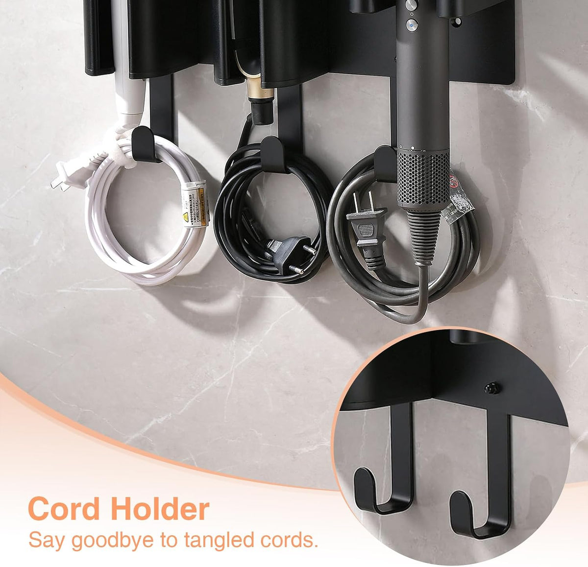 Hair Tool Organizer Wall Mount, Hair Dryer Curling iron Organizer | Hair Tools Holder with Cord Hooks, Straightener