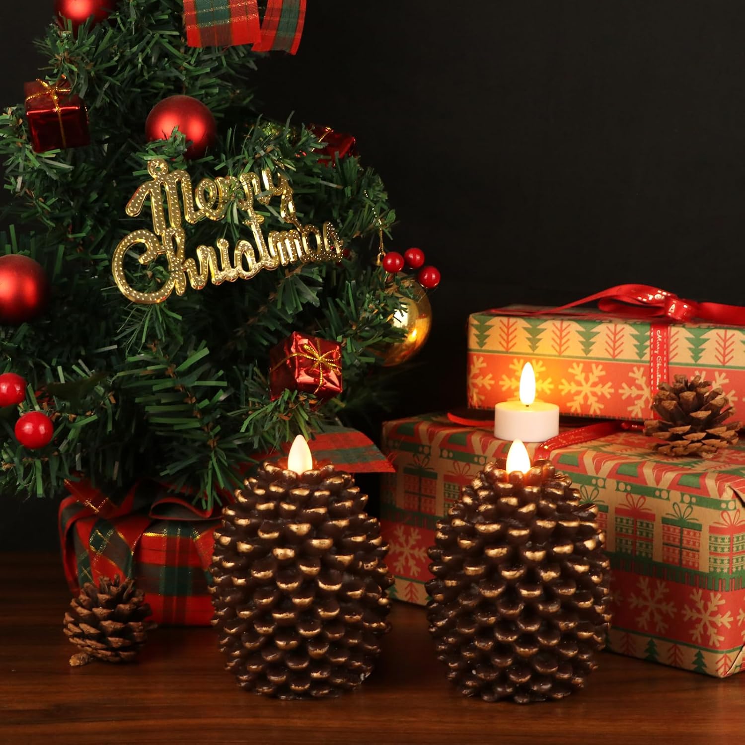 Wondise Flameless Candles with 6H Timer Battery Operated | Flickering Real Wax Pine Cone Candles for Holiday Christmas