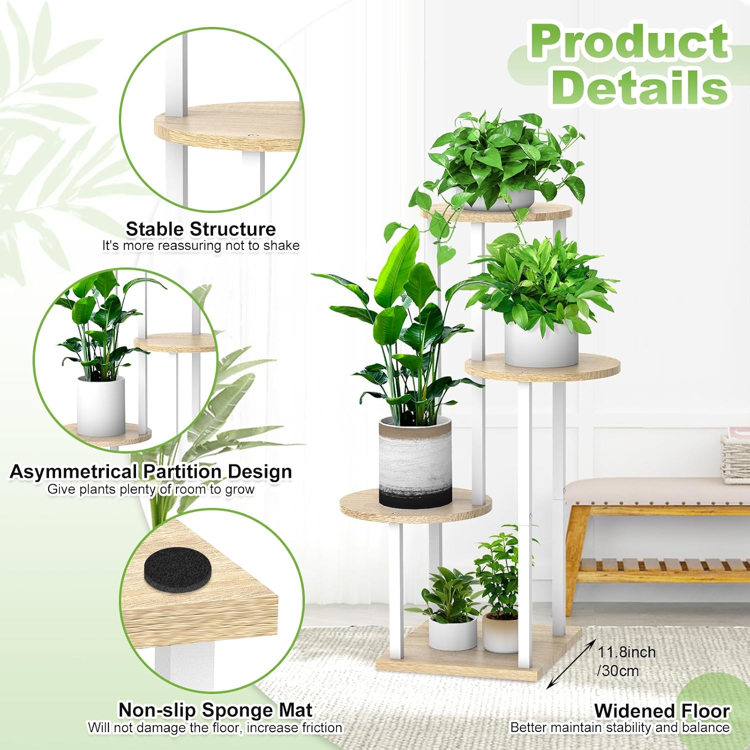 4 Tier Wood Tall Plant Stand Metal Rack Indoor, Multiple Flower Pot Holder Shelves Corner Rack, Round Planter Shelf