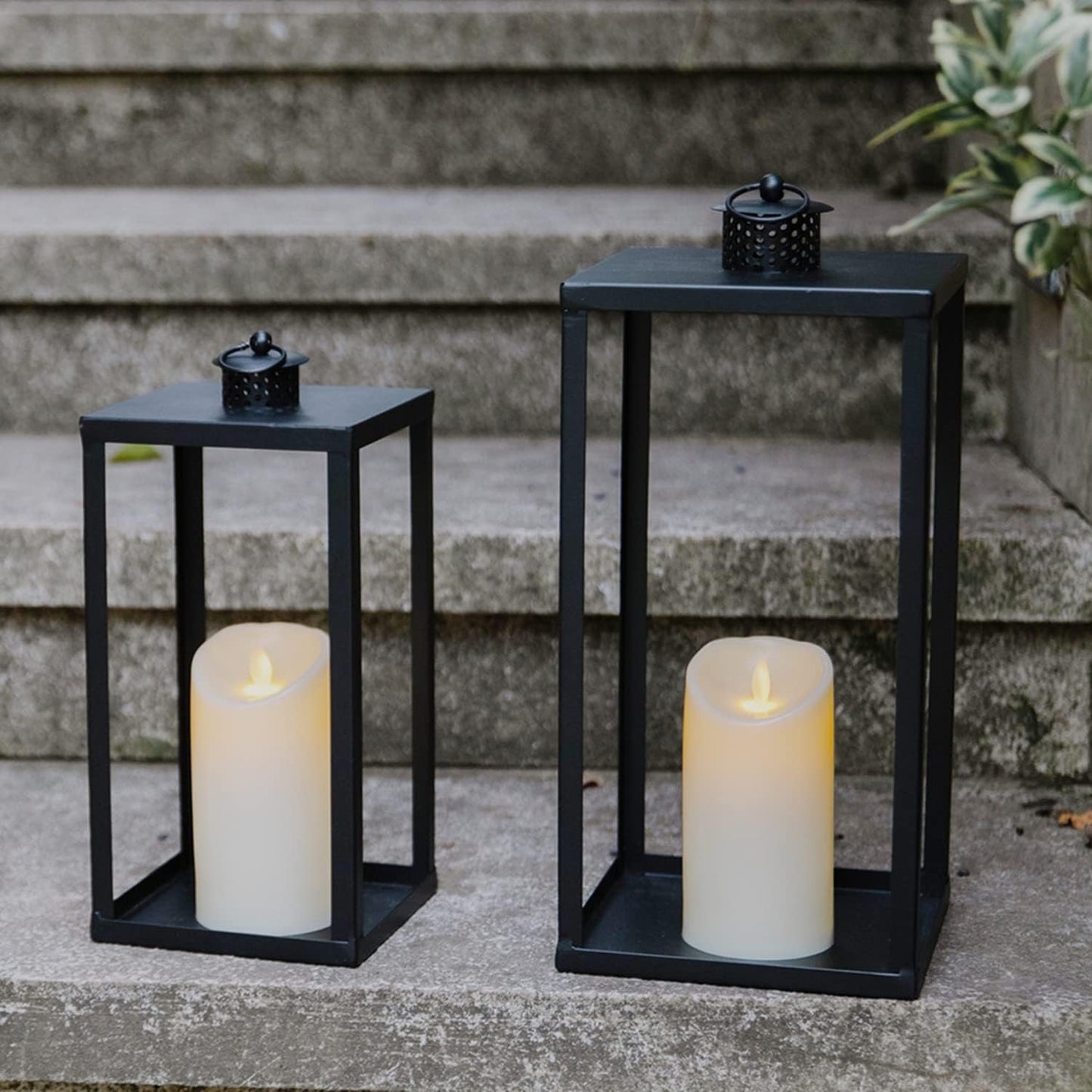 HPC Decor Black Metal Candle Lanterns Set of 2- Lanterns Decorative with Flickering Timer Candles- 16.5'' & 13'' Chunky