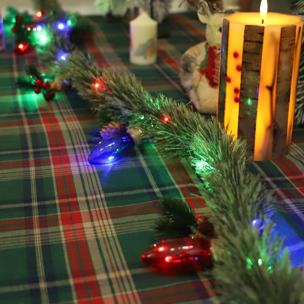 MIYA LIFE Festive Christmas Garland with Red Blue and Green Bulb Lights - 6.5FT Norfolk Pine Branch on Red Bow 25 LED