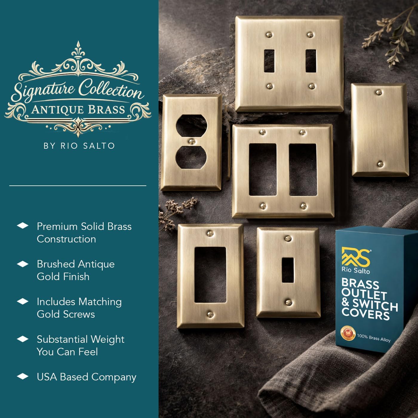 Rio Salto BRASS Brushed Gold Metal Duplex Outlet Cover Receptacle Wall Plate Vintage Antique Style – Outlet Covers