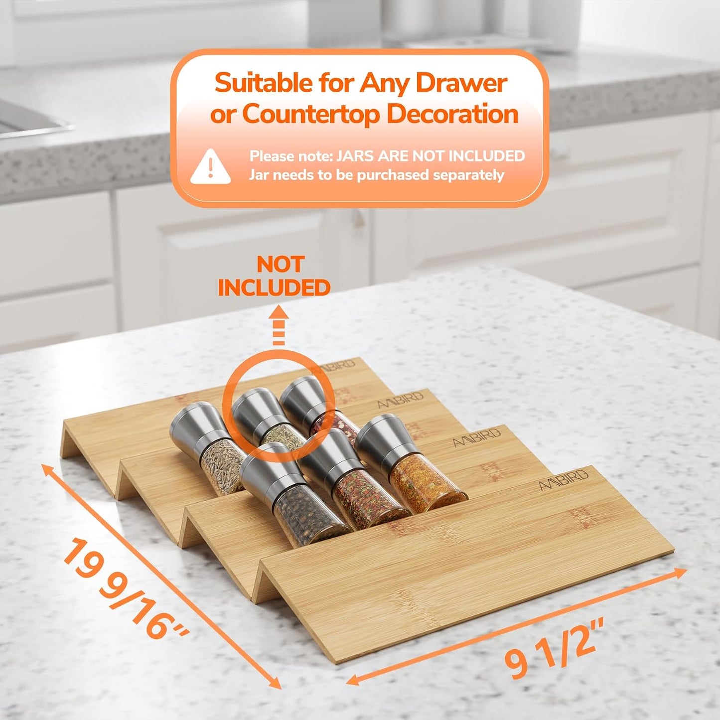 AMBIRD Bamboo Spice Drawer Organizer with Non-slip Mat,4 Tier Jar Spice Rack Tray 9.5'',Seasoning Organizer for