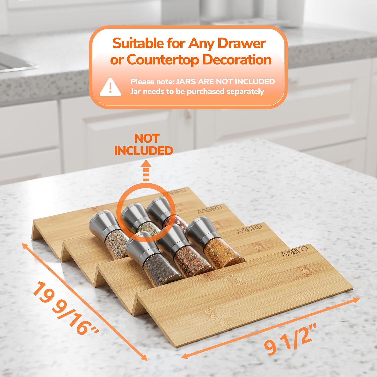 AMBIRD Bamboo Spice Drawer Organizer with Non-slip Mat,4 Tier Jar Spice Rack Tray 9.5'',Seasoning Organizer for