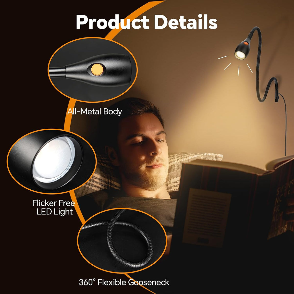 Wall Mounted Reading Light, Headboard Light with Lamp Head Switch | Minimalist Design, USB-C Powered, CRI 95+,4000K +