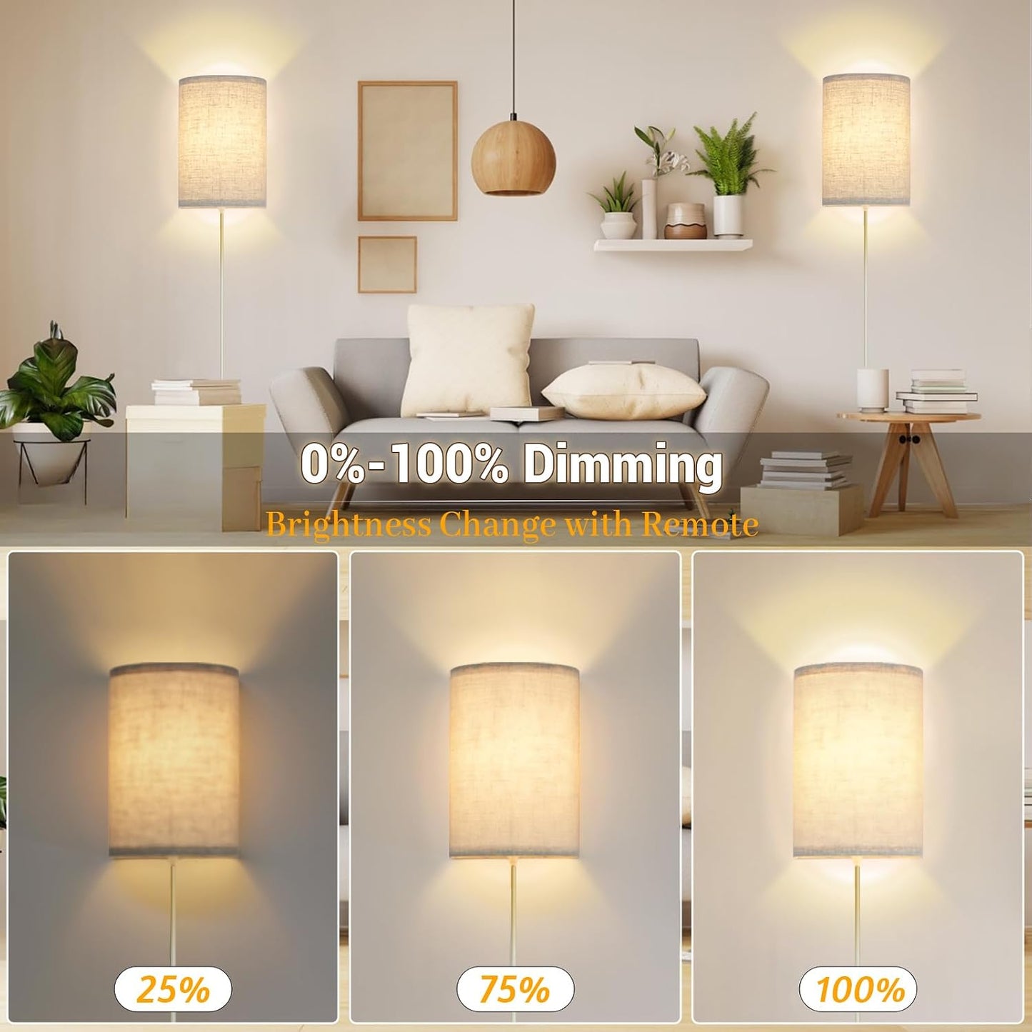 FINCMY Wall Sconce Light Plug in, Dimmable Sconces Wall Decor Set of 2, Stick on Wall Lights for Bedroom Living Room