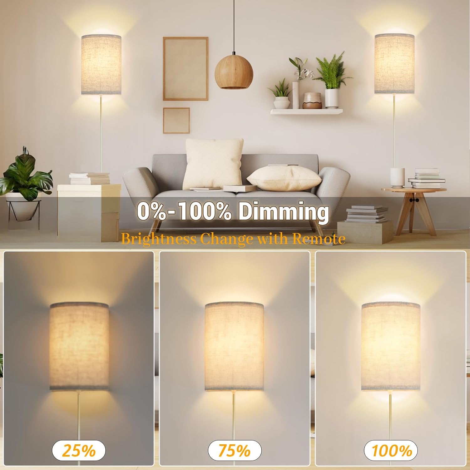 FINCMY Wall Sconce Light Plug in, Dimmable Sconces Wall Decor Set of 2, Stick on Wall Lights for Bedroom Living Room