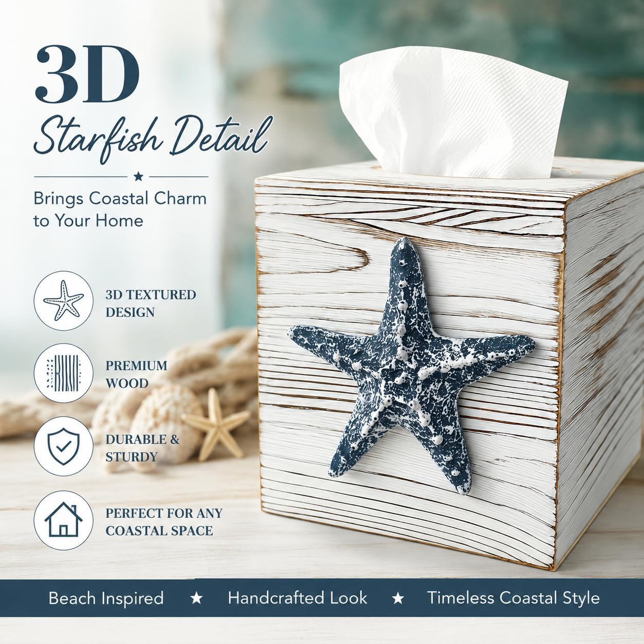 Coastal Tissue Box Cover Wooden Retro / Starfish