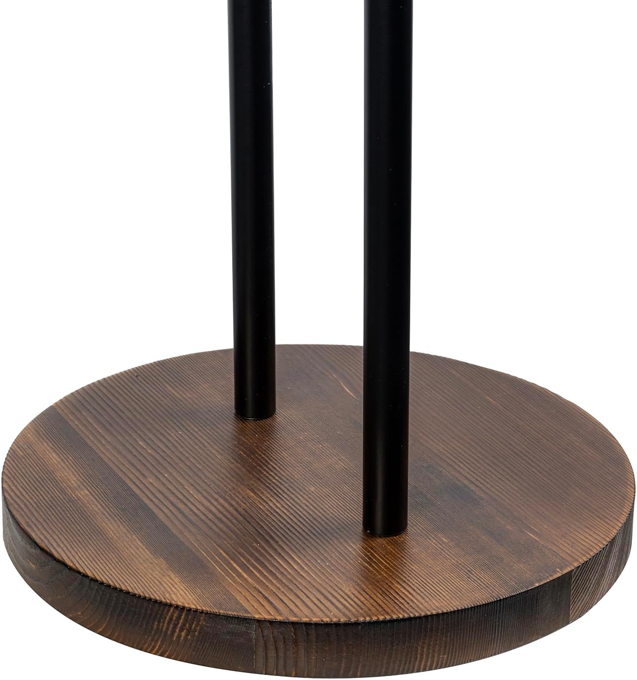MyGift Modern Garment Valet Stand with Rustic Burnt Solid Wood Coat Clothes Hanger, Round Wooden Base, and Industrial