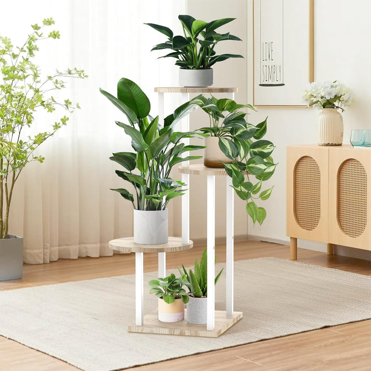 4 Tier White Metal Wooden Tall Plant Stand Indoor Shelf Flower Pot Holder for Multiple Plants, Corner Display Rack for