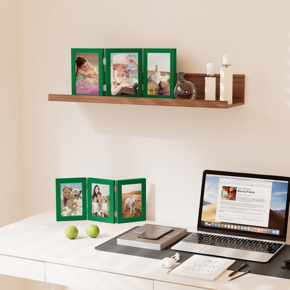decorUhome Green Triple 7x5 Picture Frame Horizontal, MDGN08 | "Z" Shape Folding Design Engineered Wood Trifold Photo