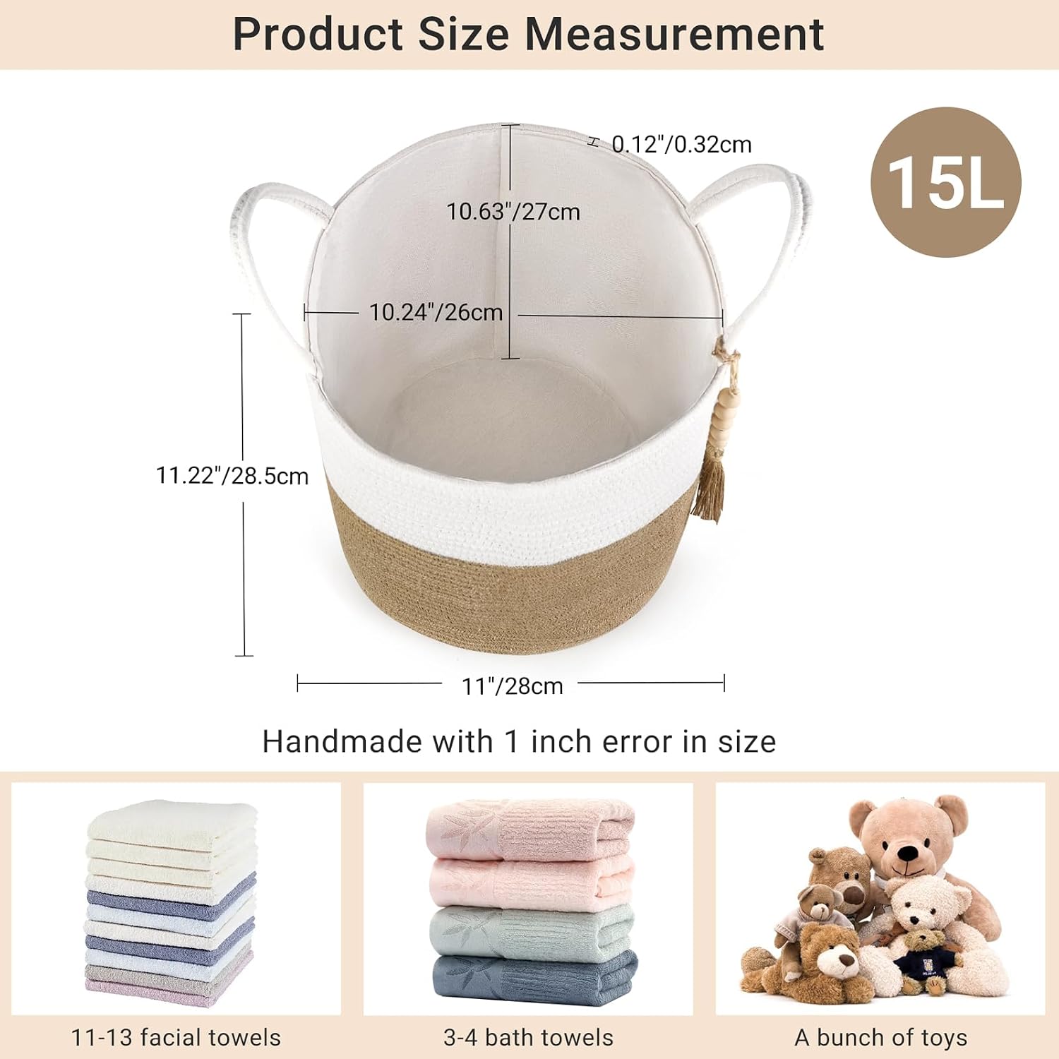 Woven Storage Basket Decorative Rope Basket Wooden Bead / Cream White and Brown / 11"W x 11"L