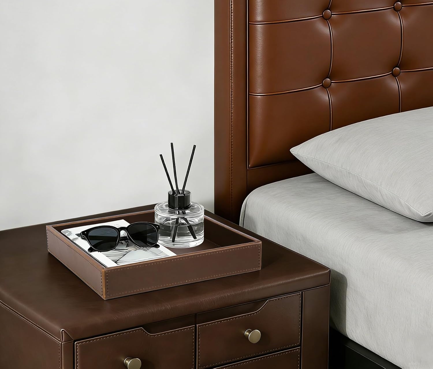 Faux Leather Vanity Tray / Brown / 10 x 10 x 1.8