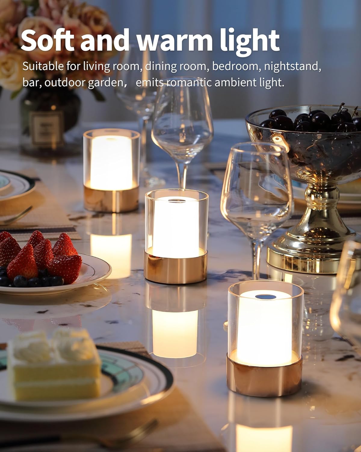 4" Gold Cordless Table Lamp 2 Pack, Outdoor Rechargeable Lamp | LED, Battery Operated, Portable, Touch Night Light for