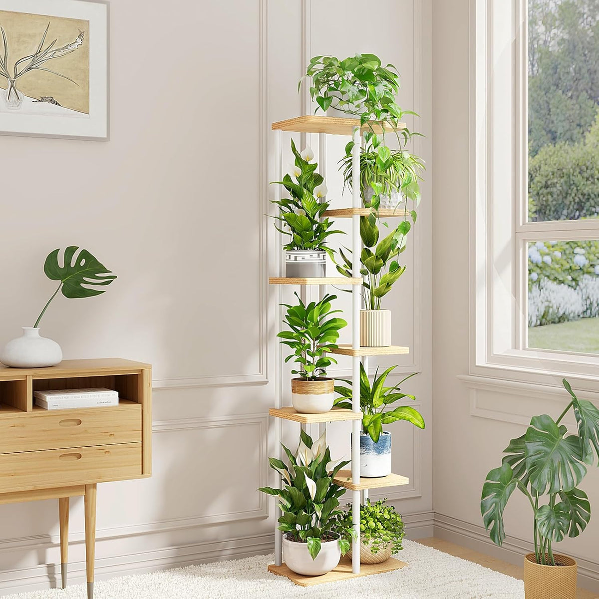 Bamworld Plant Stand 7 Tier Tall Shelf for Multiple Plants White | Tiered indoor shelf creates vertical display space