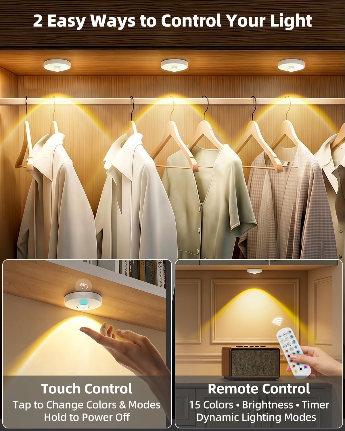 RGB Rechargeable Puck Lights with Remote Control, 1500mAh Battery Operated Tap Lights, Dimmer & Timer Under Cabinet