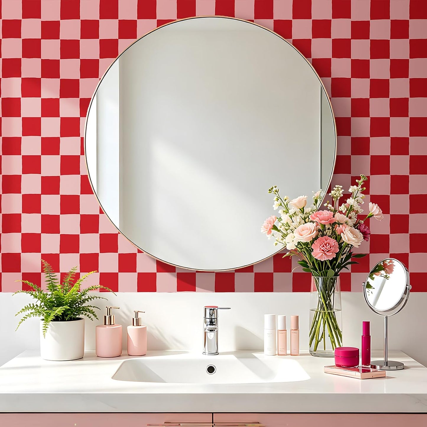 Checkered Wallpaper Peel and Stick Dark Pink Contact Paper Waterproof / 17.5 x 80 / Red Checkered
