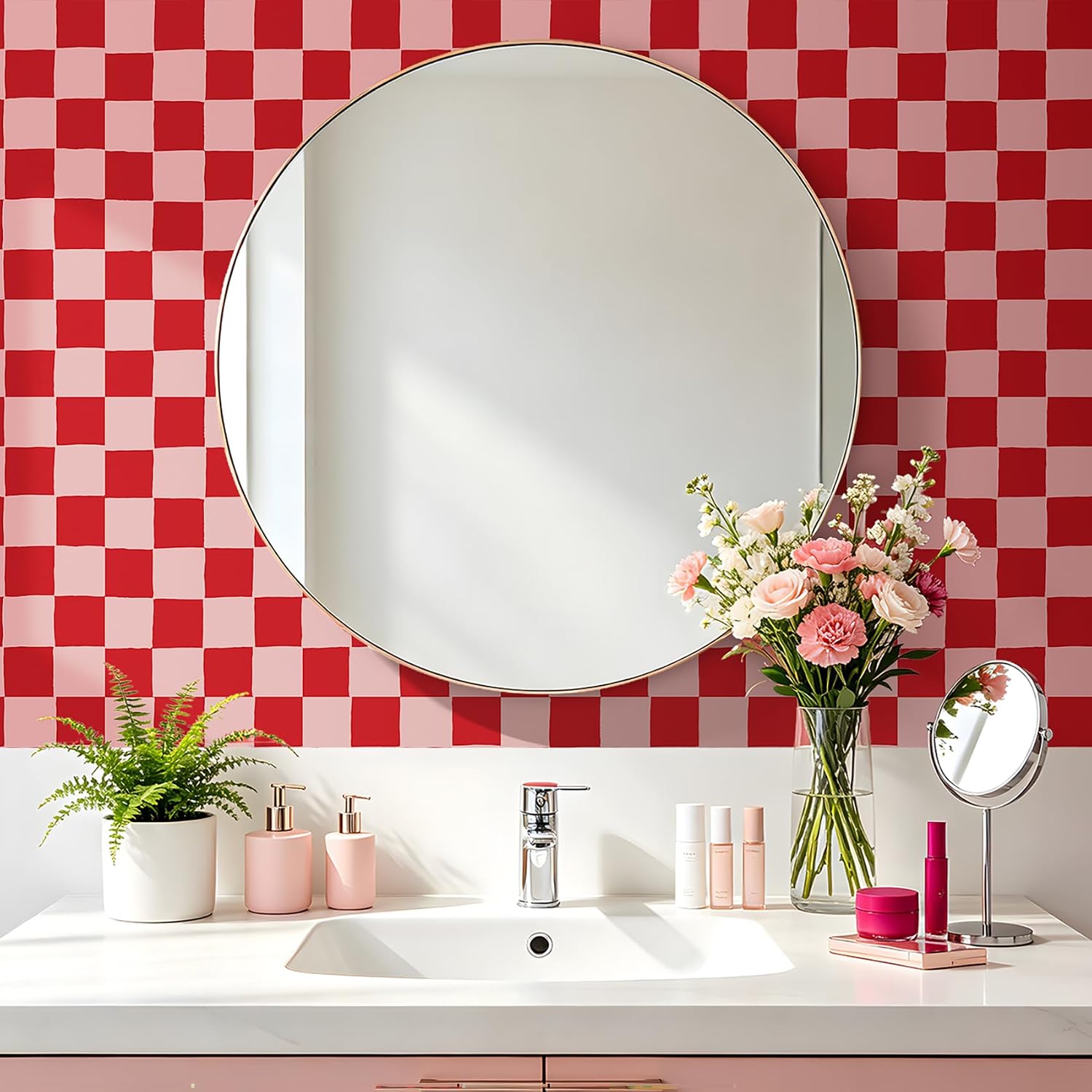 Checkered Wallpaper Peel and Stick Dark Pink Contact Paper Waterproof / 17.5 x 80 / Red Checkered