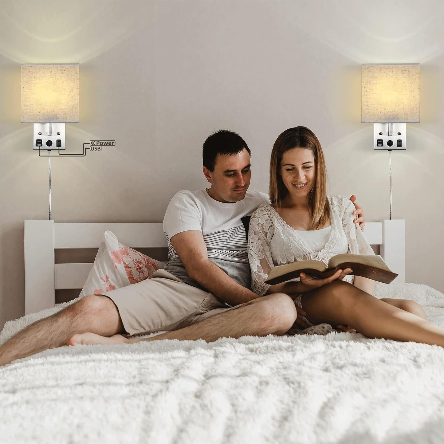 CADUKE Bedside Wall Lamp Set of 2, Plug in Wall Light with USB Charging Ports and AC Outlet Socket, Brushed Nickel