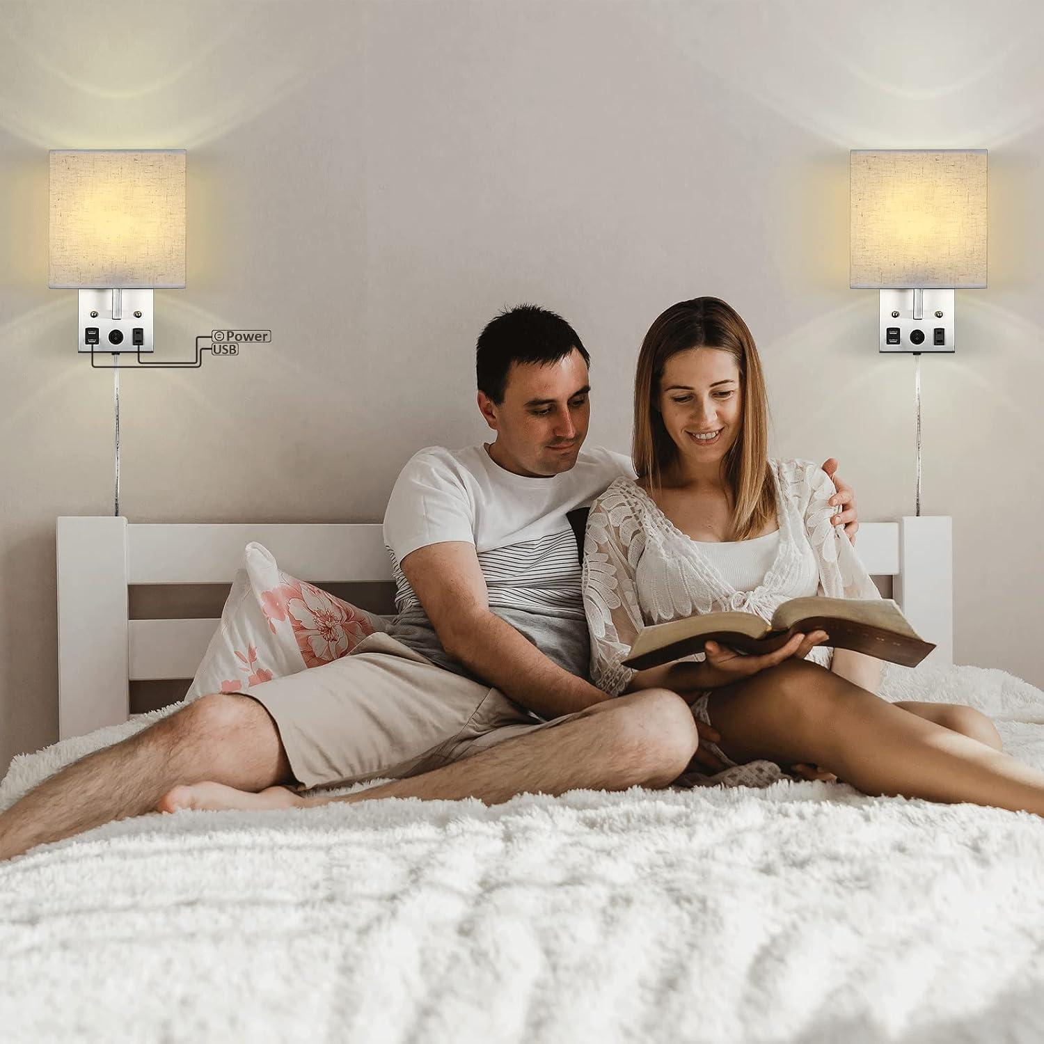 CADUKE Bedside Wall Lamp Set of 2, Plug in Wall Light with USB Charging Ports and AC Outlet Socket, Brushed Nickel