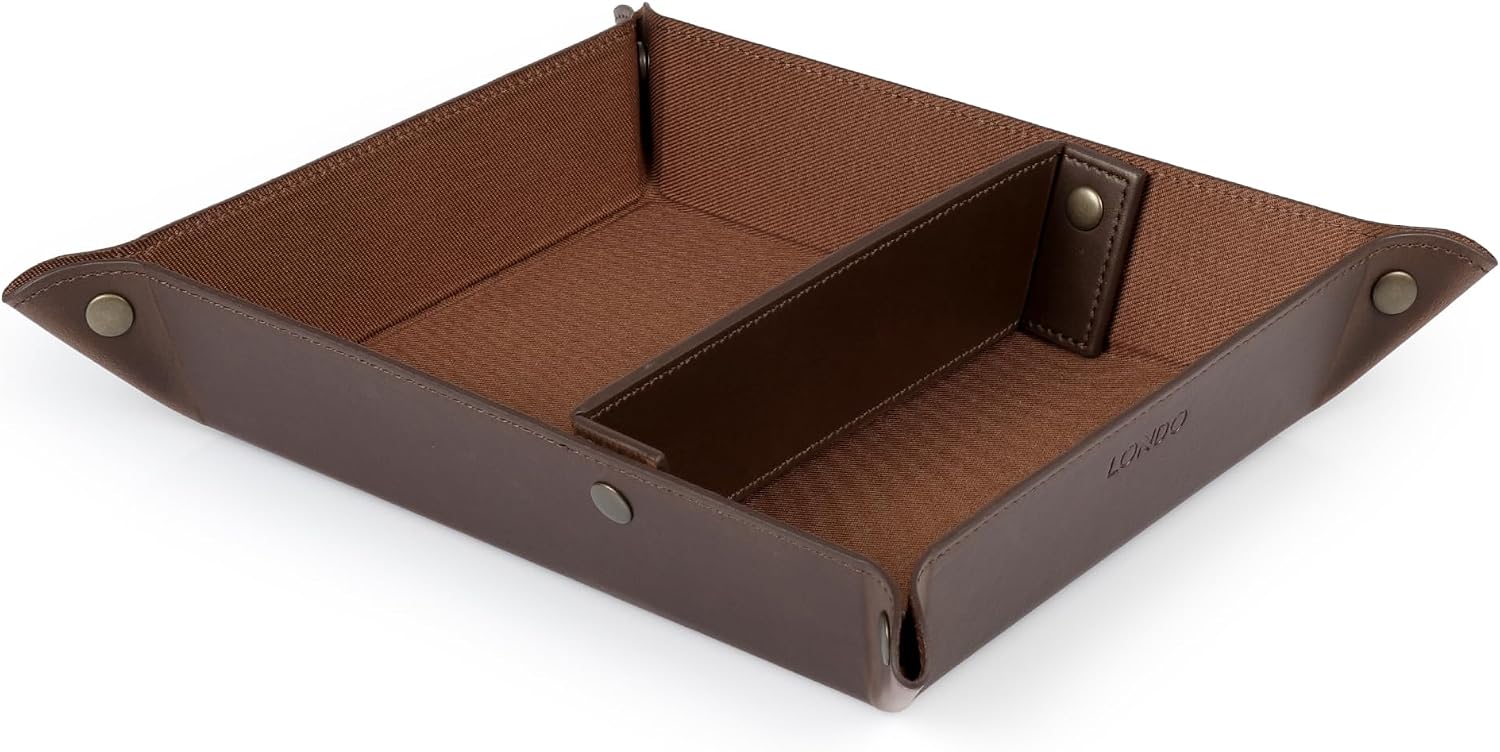 Londo PU Vegan Leather Valet Tray for Men — Catchall EDC for Keys, Wallet, Watch, AirPods — Nightstand & Entryway Tray