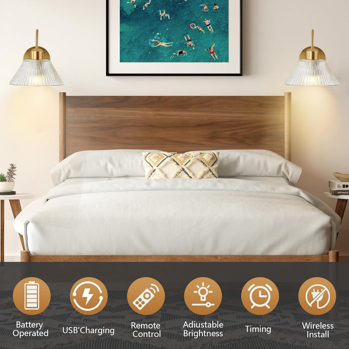 Vintage Battery-Operated Wall Sconces,Wireless Rechargeable Wall Light with Flower Glass Lampshade,Dimmable Wall Lamp