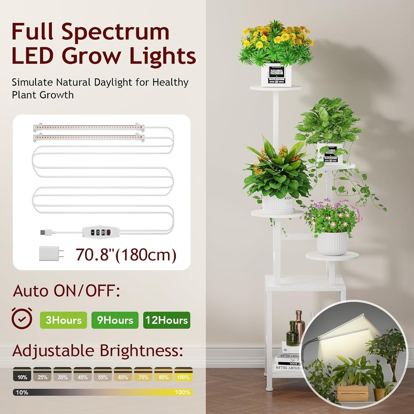 Plant Stand Indoor with Grow Light, 5-Tiered Tall Plant Stand Indoor, Metal Plant Shelf with Adjustable Light, Ideal