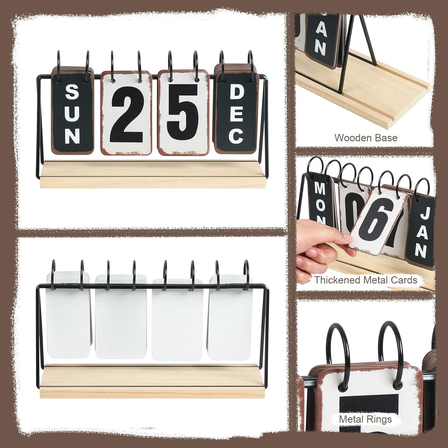 Metal Flip Calendar with Wooden Base, Daily Perpetual Desk Calendar with Large Display, Modern Farmhouse Desktop
