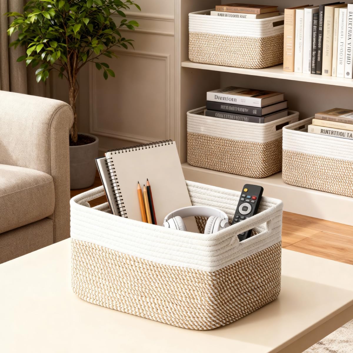 Woven Storage Baskets / Khaki & White / Set of 5
