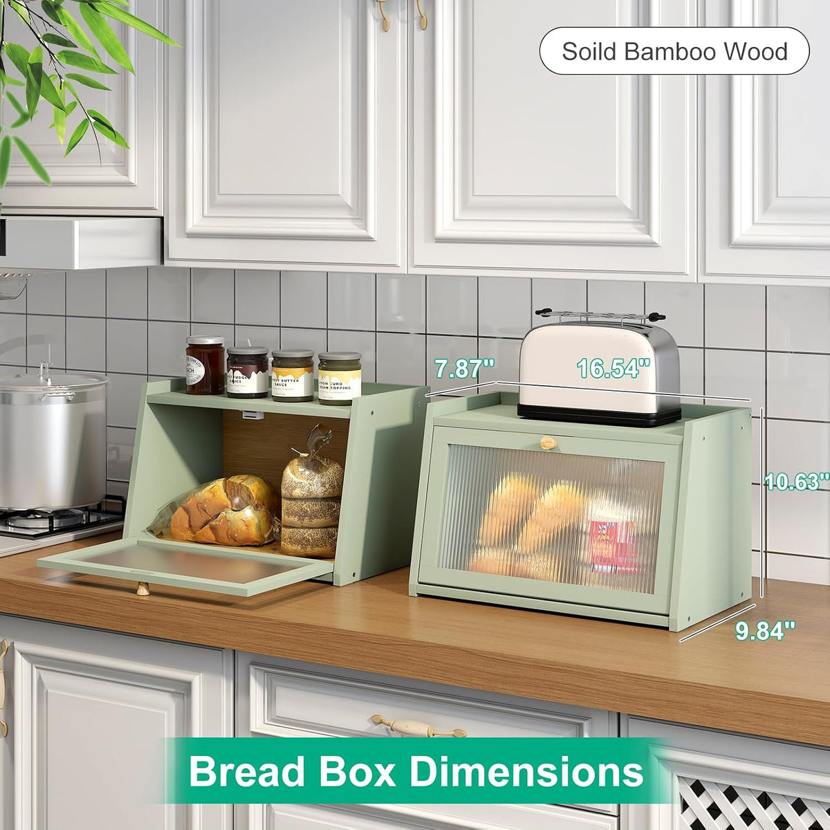 kiplant Green Bread Box for Kitchen Counter, Large Bamboo Bread Storage Container with Wavy Arcylic Door, Bamboo Wooden
