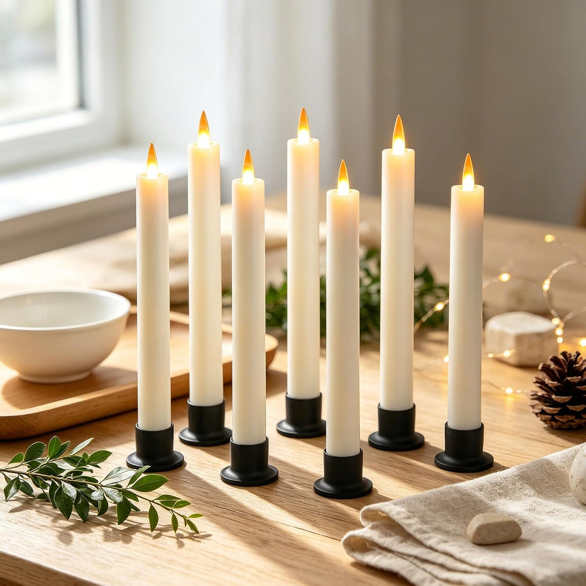 Da by 6 Flameless Window Candles with Remote Controller & Timer, LED Cone Stick Candle, Free 6 Black Bases, 9.6 Inch
