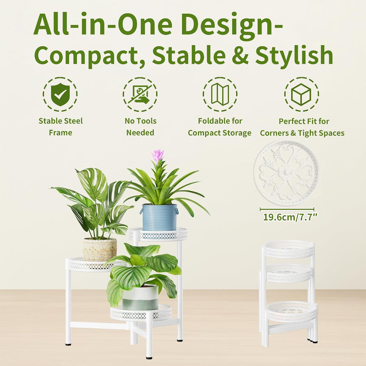3 Tiered Tall Plant Stand Indoor Outdoor, Metral Plant Shelf for Corner Display Rack, Multi-Tier Folding Planter Pot