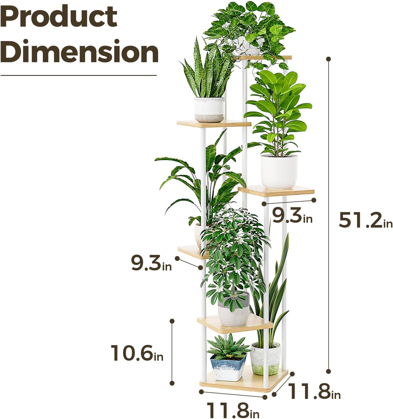 Bamworld White Plant Stand Indoor Tall Metal Wood Plant Shelf | 6 Tier Flower Stand for Patio Garden Balcony Living