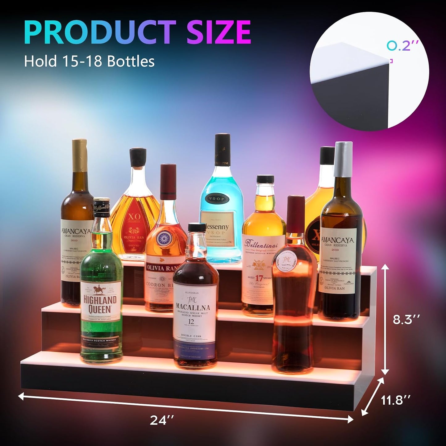 Led Lighted Liquor Bottle Display Shelf, 24 Inch 3 Tier Whiskey Rack, Support USB, Bar Stand with RF Remote & App
