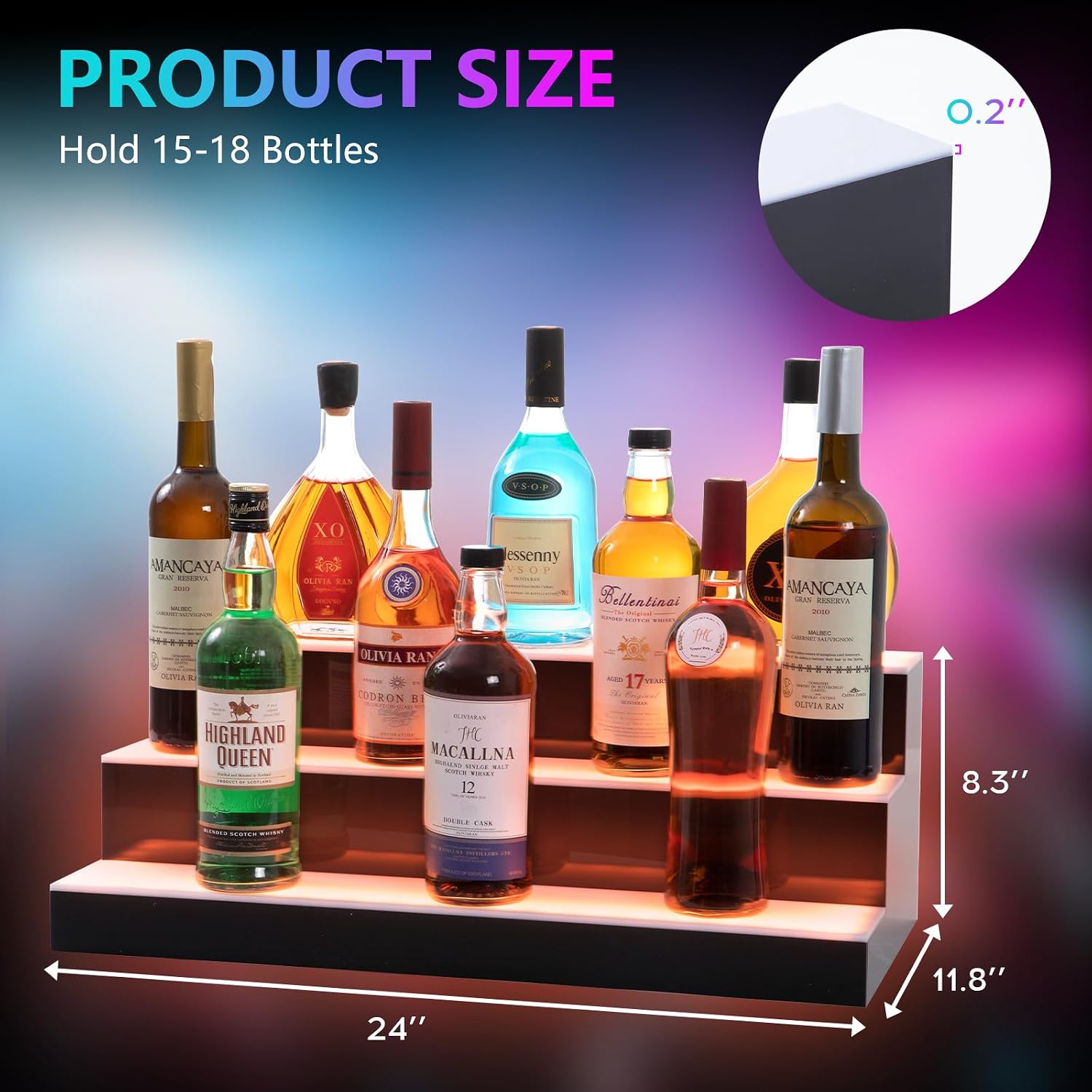 Led Lighted Liquor Bottle Display Shelf, 24 Inch 3 Tier Whiskey Rack, Support USB, Bar Stand with RF Remote & App