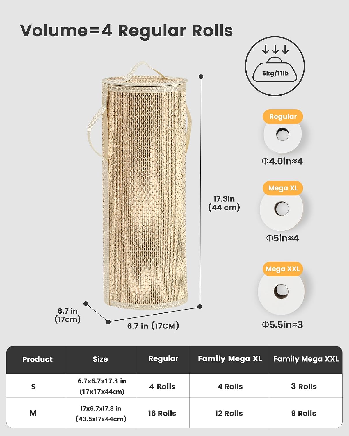 Bamboo Toilet Paper Storage Basket with Lid & Handle - 10L Handwoven Bathroom Organizer for 4 Rolls - Sturdy Stand