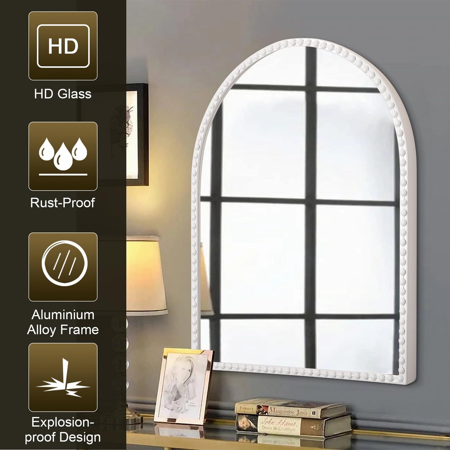 Beaded Framed Metal Accent Wall Mirrors Decorative Bathroom Living Room / 30"L x 20"W / White
