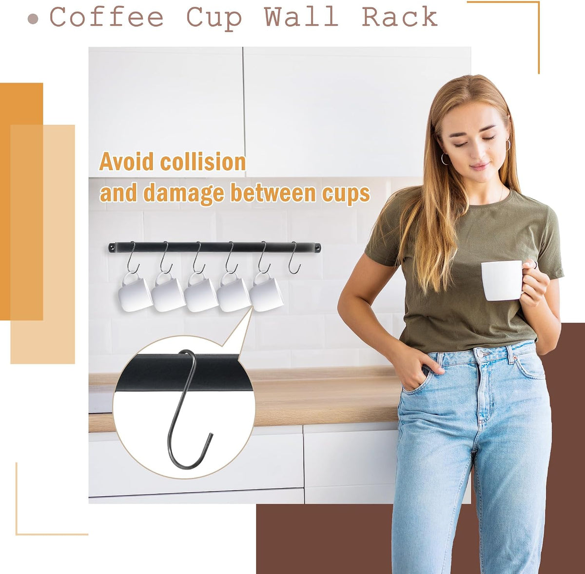 17 inch Coffee Mug Rack - 2 Pack wall mounted cup rack for Cafe Bar Decor | 12 Tea Cup Display, 5-Min Setup, Complete