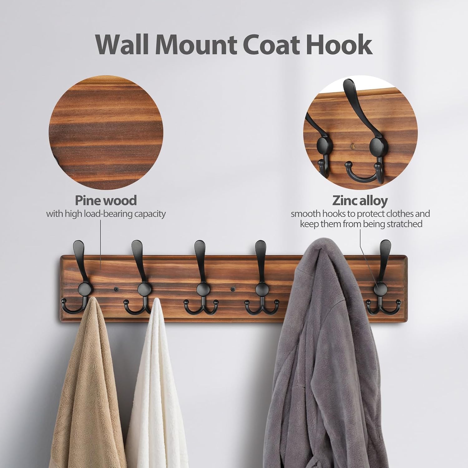 Coat Rack Wall Mount, Wooden Heavy Duty Coat Rack for Wall,6 Triple Coat Hanger Hooks for Hanging