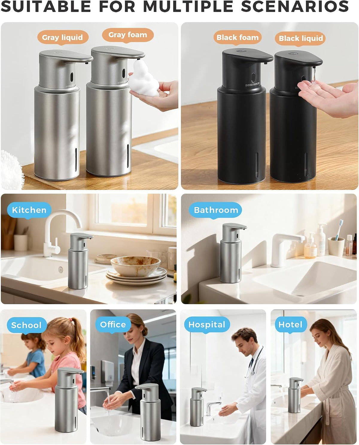 Automatic Liquid Soap Dispenser Touchless, 304 Stainless Steel Bottle Body | 16.2oz/480ml Rechargeable Dish Soap
