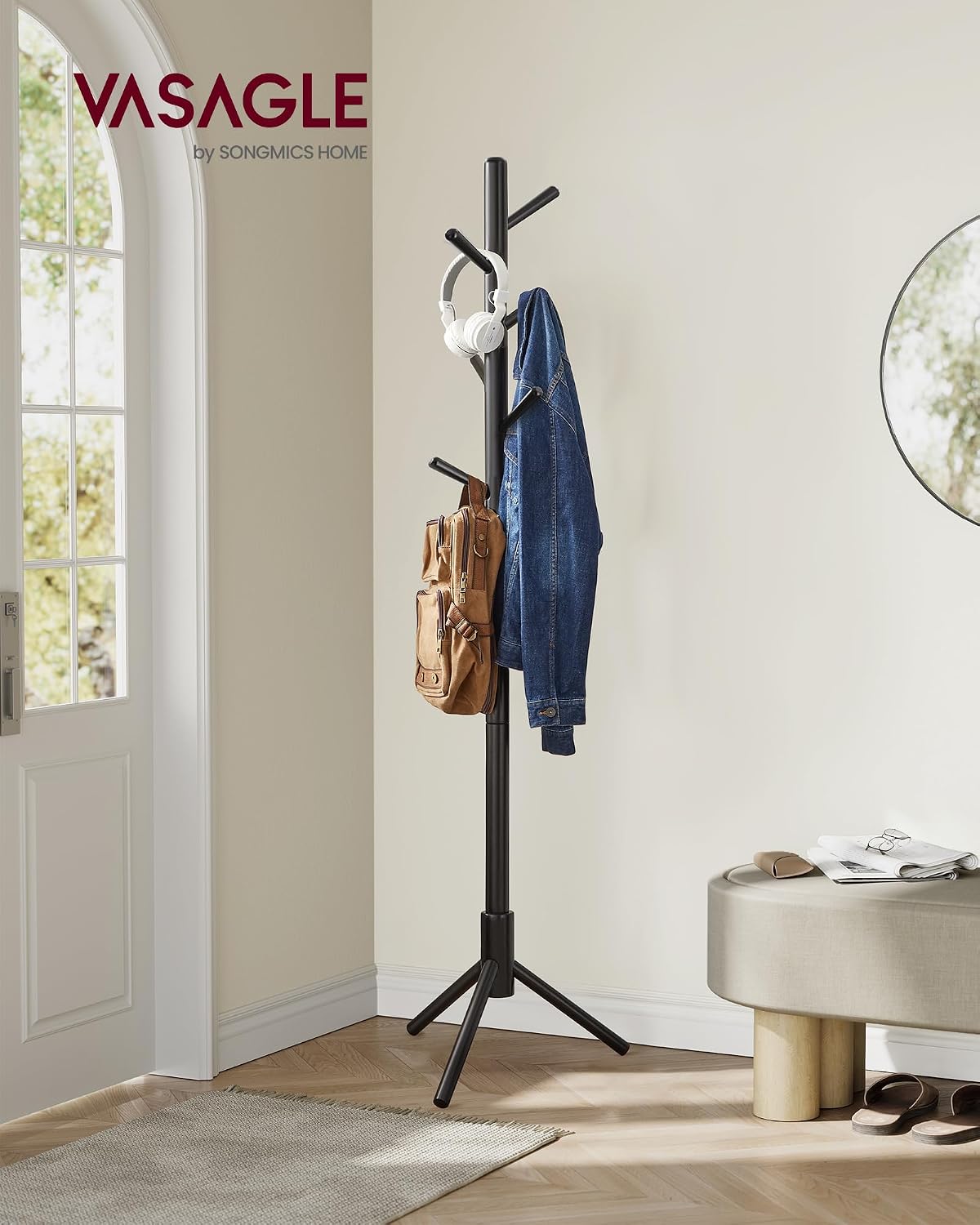 VASAGLE Solid Wood Coat Rack, Free Standing Tree-Shaped Coat Rack with 8 Hooks, 3 Height Options, for Clothes, Hats