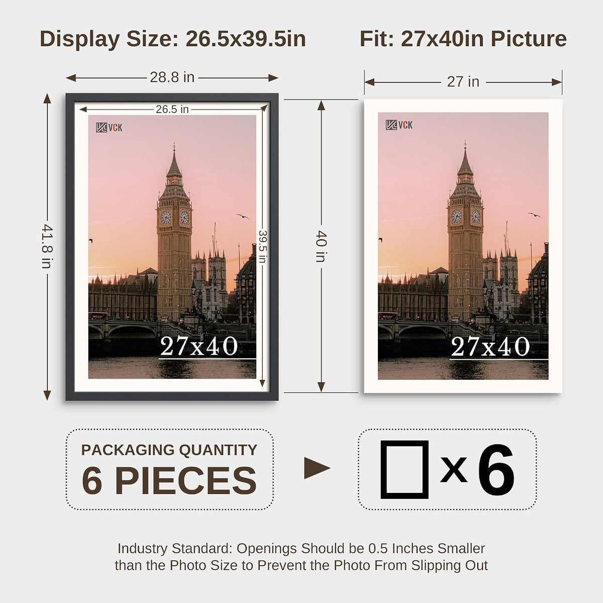 VCK 27x40 Poster Frames Black - 6 Pack, Wide Border Wood Picture Frame, Multi-Directional Display Family Photos, Office
