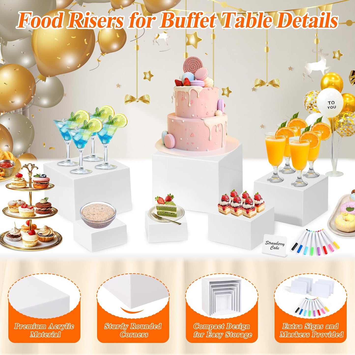 White Acrylic Buffet Risers and Stand Food Risers with Mini Sign and Maker | Food Display Stands for Buffet Table Party