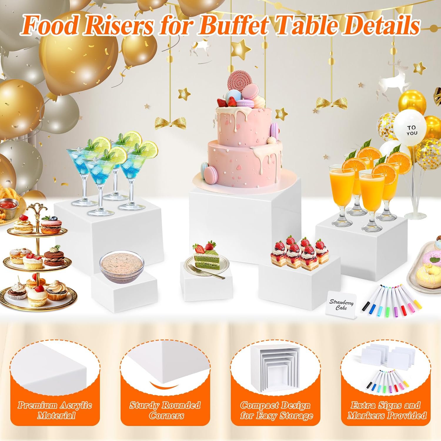 White Acrylic Buffet Risers and Stand Food Risers with Mini Sign and Maker | Food Display Stands for Buffet Table Party