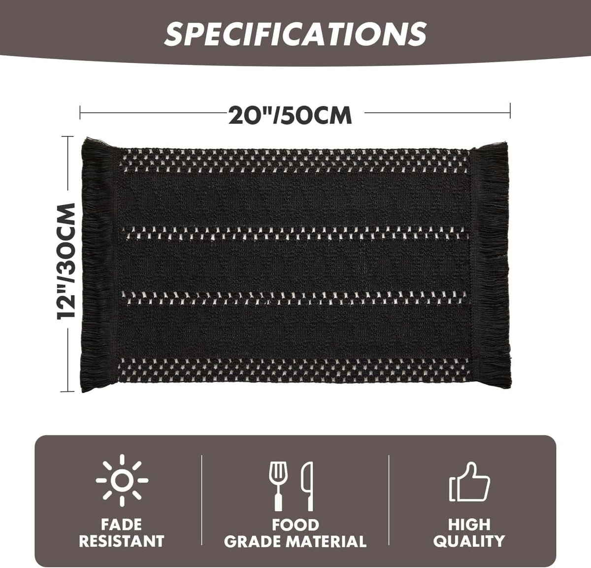Macrame Style Boho Placemats Set of 6, Black 12x20 Inch | Decorative Farmhouse Table Mats, Natural Cotton Woven Place