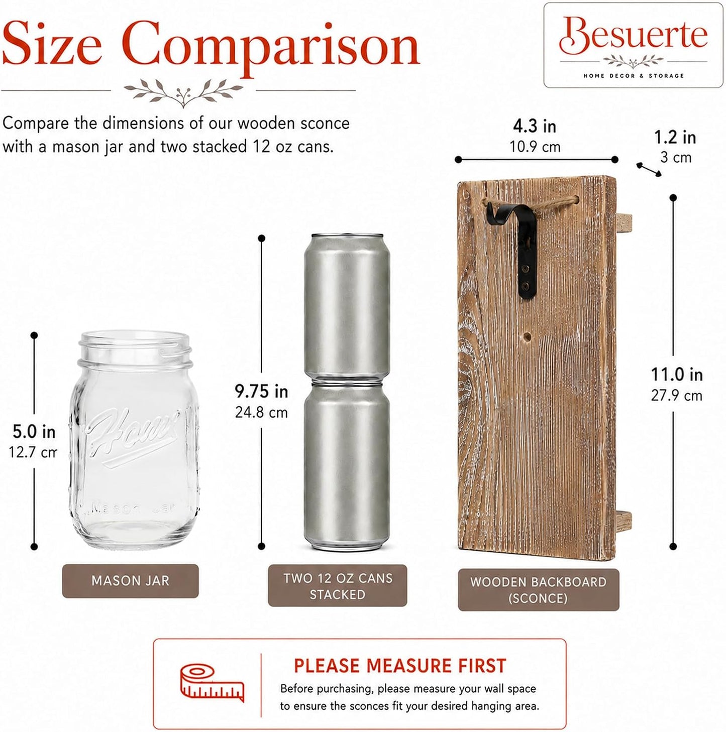 Rustic Mason Jar Sconces Wall Decor / 11"H Brown + Hydrangea / Set of 2
