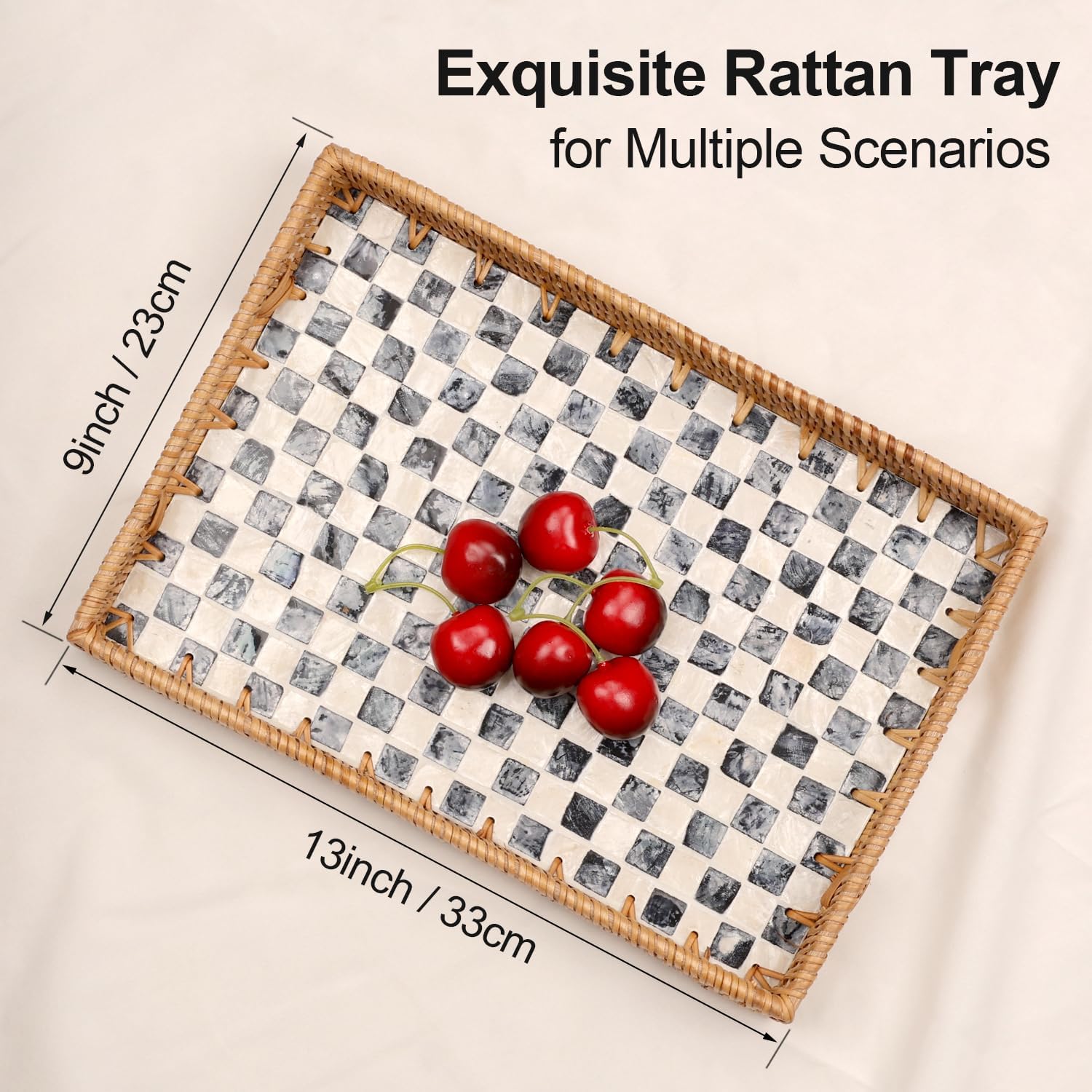 Rattan Serving Tray / Black Checkerboard