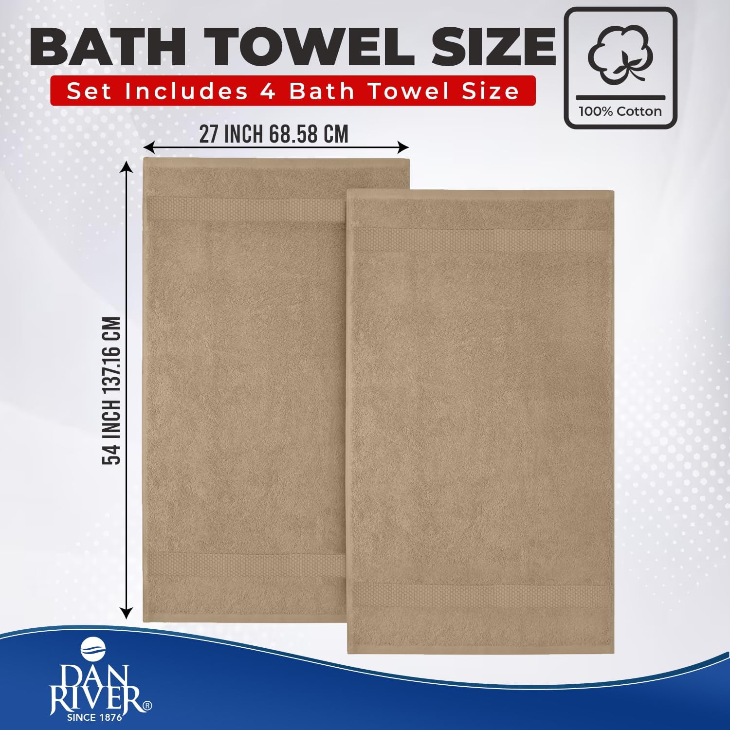 DAN RIVER 600 GSM Cotton Large Bath Towels Set of 4, 27 x 54 Inches, Tan | Larger & Lighter Weight Towels for Bathroom