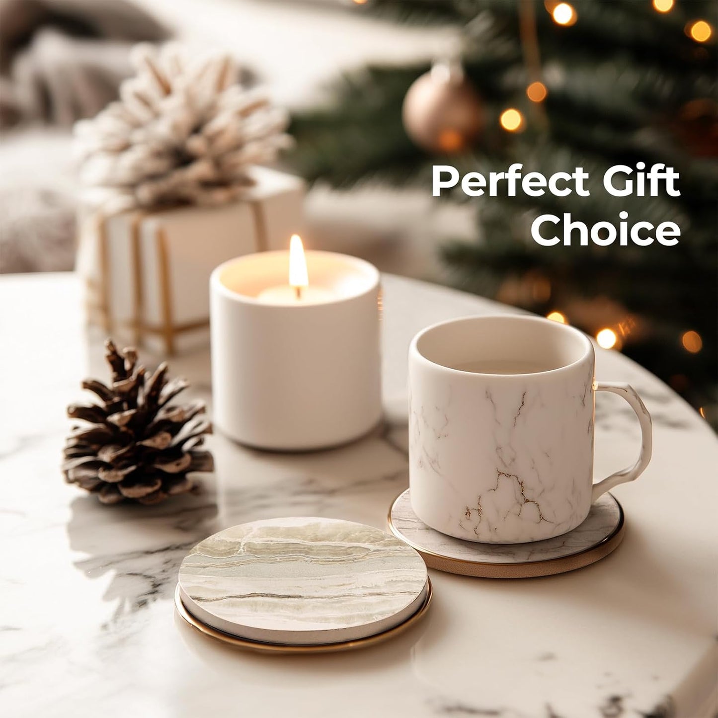 Marble Style Ceramic Stone Coaster for Drink Tabletop Protection / Beige Marble / Set of 6