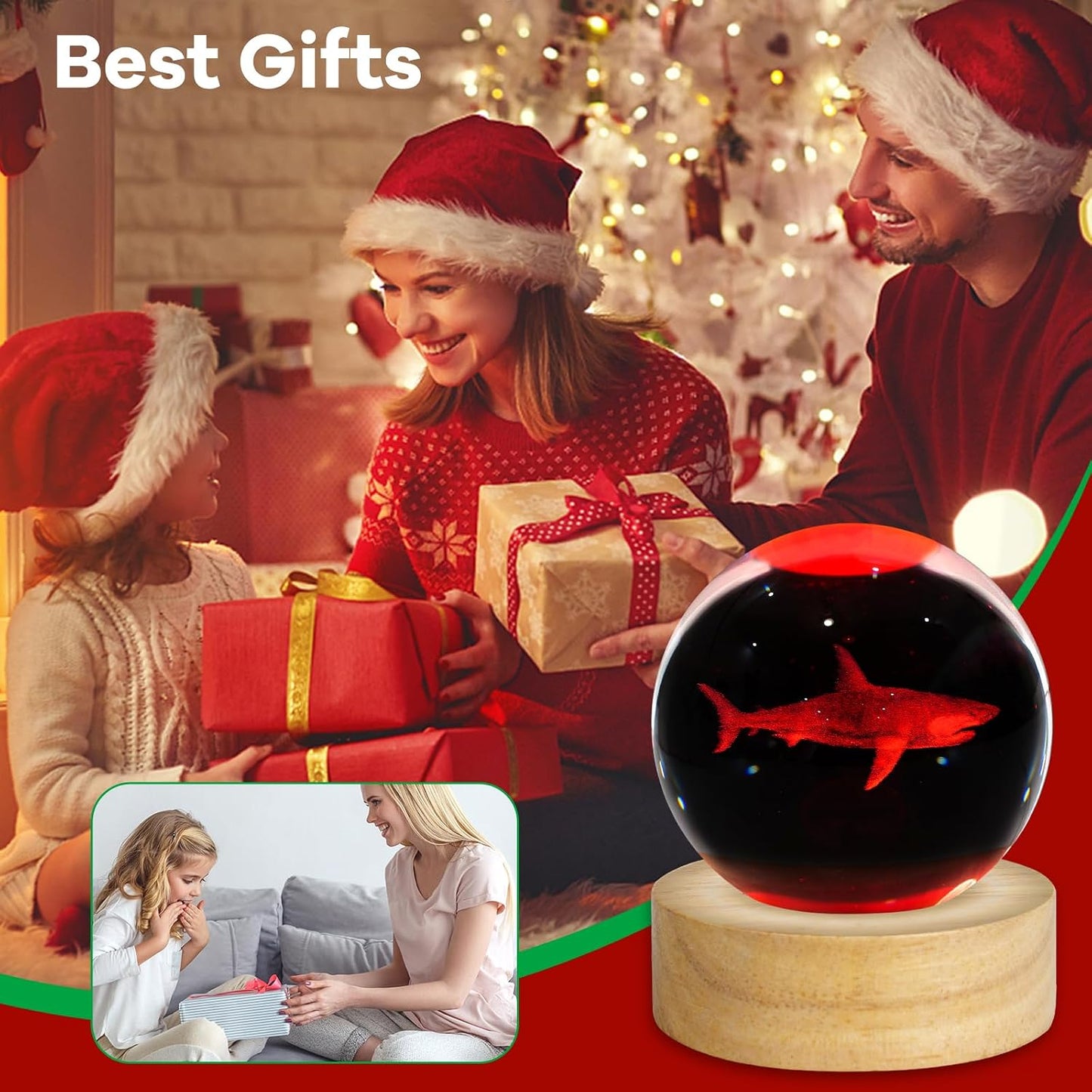 3D Crystal Ball Night Light Figurines Decor Table Lamp / Shark / 2.4 Inch